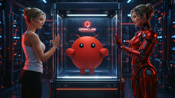 Aicia, her "real" self and "avatar", petting the glass container of OpenClaw.